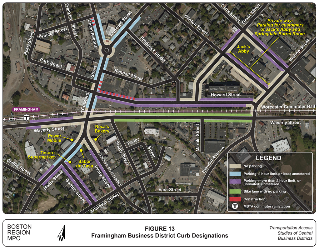 Framingham Business District Curb Designations
This figure is a map showing the curb lane designations in the Framingham central business district, and the businesses where customer surveying was conducted.
Framingham Business District Curb Designations
This figure is a map showing the curb lane designations in the Framingham central business district, and the businesses where customer surveying was conducted.